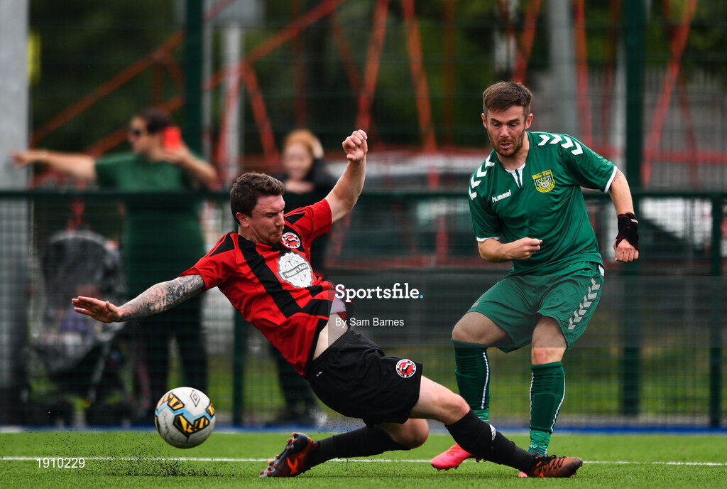 26 July 2020; Stephen Donnolly of Usher Celtic in action against Jonathan Savage of Gorey Rangers during the FAI New Balance Junior Cup Quarter-Final match between Usher Celtic and Gorey Rangers at Grangegorman IT in Dublin. Competitive Soccer matches have been approved to return following the guidelines of Phase 3 of the Irish Government’s Roadmap for Reopening of Society and Business and protocols set down by the Soccer governing authorities. With games having been suspended since March, competitive games can take place with updated protocols including a limit of 200 individuals at any one outdoor event, including players, officials and a limited number of spectators, with social distancing, hand sanitisation and face masks being worn by those in attendance among other measures in an effort to contain the spread of the Coronavirus (COVID-19). Photo by Sam Barnes/Sportsfile