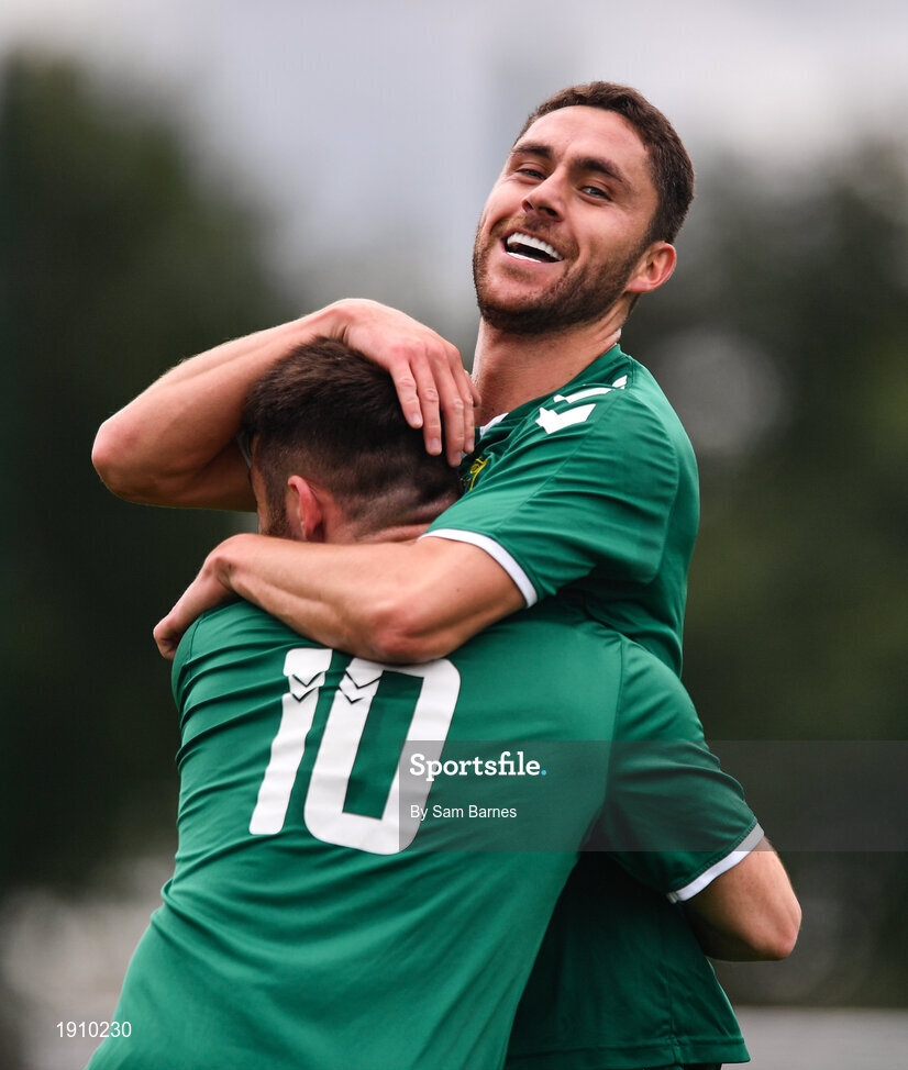 26 July 2020; Jordan Buckley of Usher Celtic, right, celebrates after scoring his side's second goal with team-mate Stephen Donnolly during the FAI New Balance Junior Cup Quarter-Final match between Usher Celtic and Gorey Rangers at Grangegorman IT in Dublin. Competitive Soccer matches have been approved to return following the guidelines of Phase 3 of the Irish Government’s Roadmap for Reopening of Society and Business and protocols set down by the Soccer governing authorities. With games having been suspended since March, competitive games can take place with updated protocols including a limit of 200 individuals at any one outdoor event, including players, officials and a limited number of spectators, with social distancing, hand sanitisation and face masks being worn by those in attendance among other measures in an effort to contain the spread of the Coronavirus (COVID-19). Photo by Sam Barnes/Sportsfile