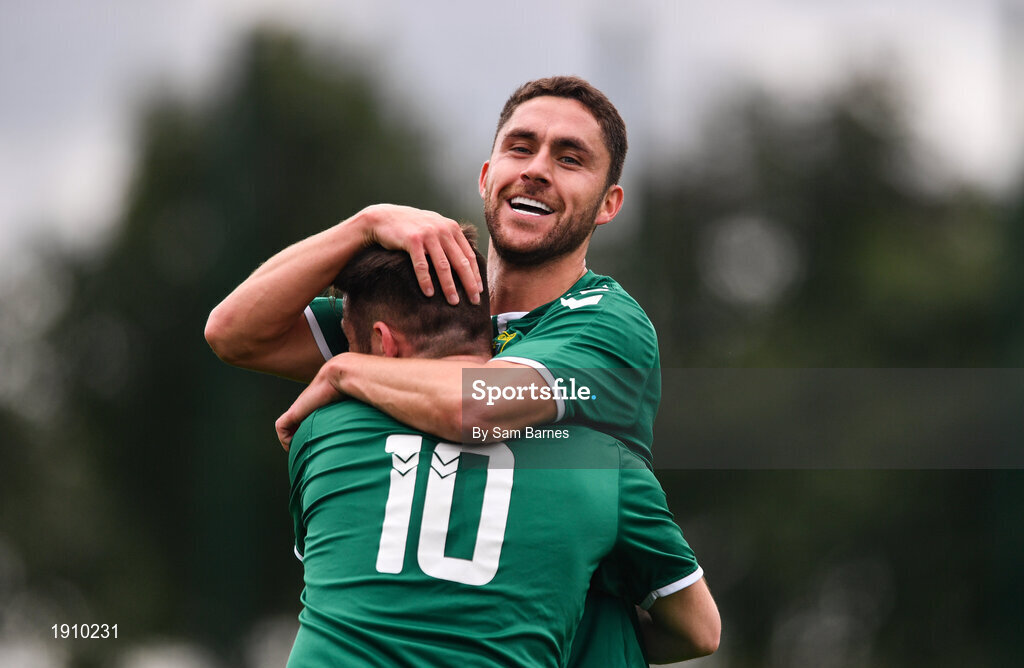 26 July 2020; Jordan Buckley of Usher Celtic, right, celebrates after scoring his side's second goal with team-mate Stephen Donnolly during the FAI New Balance Junior Cup Quarter-Final match between Usher Celtic and Gorey Rangers at Grangegorman IT in Dublin. Competitive Soccer matches have been approved to return following the guidelines of Phase 3 of the Irish Government’s Roadmap for Reopening of Society and Business and protocols set down by the Soccer governing authorities. With games having been suspended since March, competitive games can take place with updated protocols including a limit of 200 individuals at any one outdoor event, including players, officials and a limited number of spectators, with social distancing, hand sanitisation and face masks being worn by those in attendance among other measures in an effort to contain the spread of the Coronavirus (COVID-19). Photo by Sam Barnes/Sportsfile