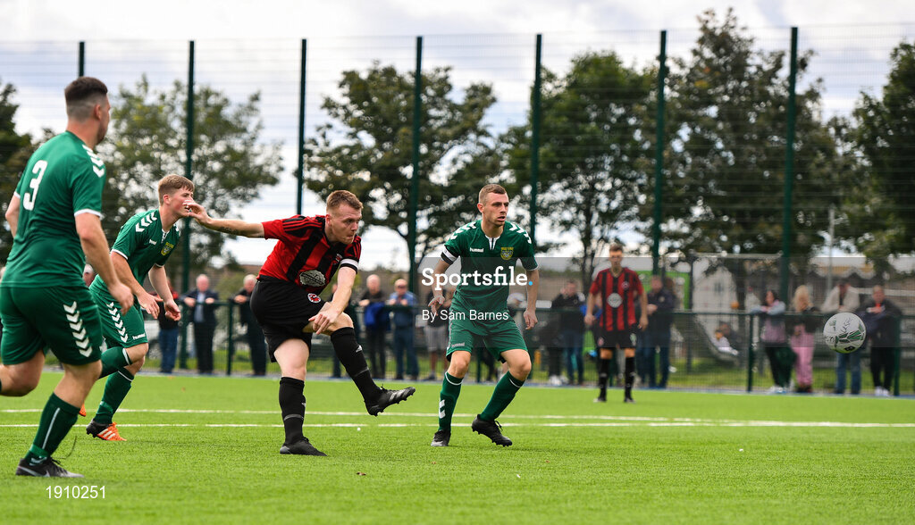 26 July 2020; Stephen Kinsella of Gorey Rangers shoots to score his side's second goal during the FAI New Balance Junior Cup Quarter-Final match between Usher Celtic and Gorey Rangers at Grangegorman IT in Dublin. Competitive Soccer matches have been approved to return following the guidelines of Phase 3 of the Irish Government’s Roadmap for Reopening of Society and Business and protocols set down by the Soccer governing authorities. With games having been suspended since March, competitive games can take place with updated protocols including a limit of 200 individuals at any one outdoor event, including players, officials and a limited number of spectators, with social distancing, hand sanitisation and face masks being worn by those in attendance among other measures in an effort to contain the spread of the Coronavirus (COVID-19). Photo by Sam Barnes/Sportsfile