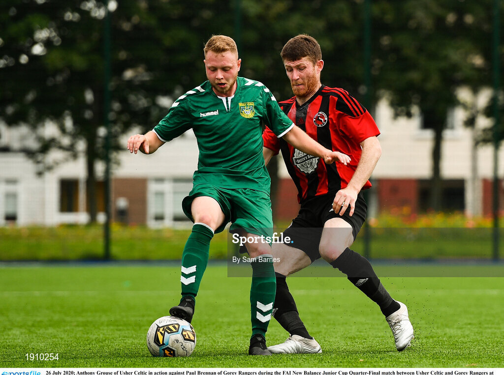 26 July 2020; Anthony Grouse of Usher Celtic in action against Paul Brennan of Gorey Rangers during the FAI New Balance Junior Cup Quarter-Final match between Usher Celtic and Gorey Rangers at Grangegorman IT in Dublin. Competitive Soccer matches have been approved to return following the guidelines of Phase 3 of the Irish Government’s Roadmap for Reopening of Society and Business and protocols set down by the Soccer governing authorities. With games having been suspended since March, competitive games can take place with updated protocols including a limit of 200 individuals at any one outdoor event, including players, officials and a limited number of spectators, with social distancing, hand sanitisation and face masks being worn by those in attendance among other measures in an effort to contain the spread of the Coronavirus (COVID-19). Photo by Sam Barnes/Sportsfile