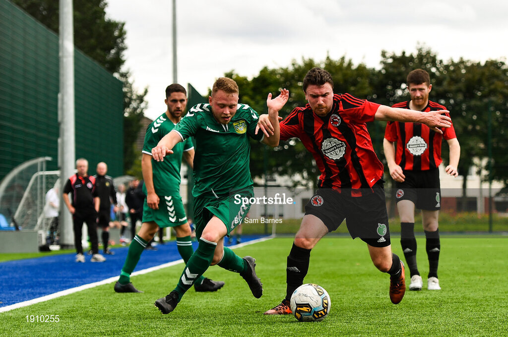 26 July 2020; Anthony Grouse of Usher Celtic in action against Jonathan Savage of Gorey Rangers during the FAI New Balance Junior Cup Quarter-Final match between Usher Celtic and Gorey Rangers at Grangegorman IT in Dublin. Competitive Soccer matches have been approved to return following the guidelines of Phase 3 of the Irish Government’s Roadmap for Reopening of Society and Business and protocols set down by the Soccer governing authorities. With games having been suspended since March, competitive games can take place with updated protocols including a limit of 200 individuals at any one outdoor event, including players, officials and a limited number of spectators, with social distancing, hand sanitisation and face masks being worn by those in attendance among other measures in an effort to contain the spread of the Coronavirus (COVID-19). Photo by Sam Barnes/Sportsfile