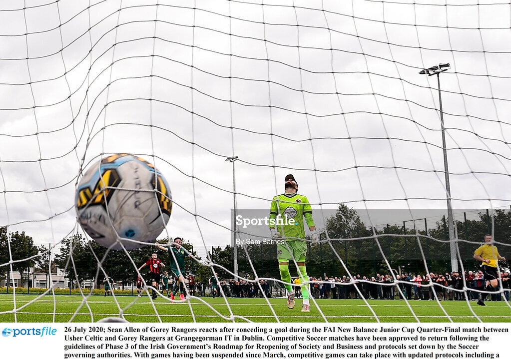 26 July 2020; Sean Allen of Gorey Rangers reacts after conceding a goal during the FAI New Balance Junior Cup Quarter-Final match between Usher Celtic and Gorey Rangers at Grangegorman IT in Dublin. Competitive Soccer matches have been approved to return following the guidelines of Phase 3 of the Irish Government’s Roadmap for Reopening of Society and Business and protocols set down by the Soccer governing authorities. With games having been suspended since March, competitive games can take place with updated protocols including a limit of 200 individuals at any one outdoor event, including players, officials and a limited number of spectators, with social distancing, hand sanitisation and face masks being worn by those in attendance among other measures in an effort to contain the spread of the Coronavirus (COVID-19). Photo by Sam Barnes/Sportsfile