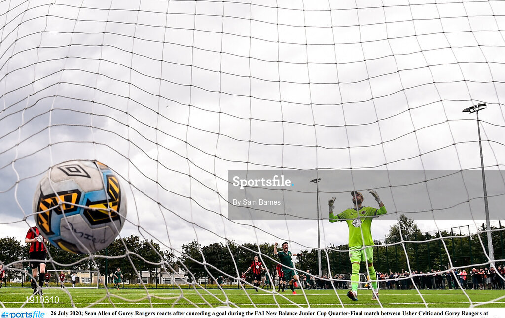 26 July 2020; Sean Allen of Gorey Rangers reacts after conceding a goal during the FAI New Balance Junior Cup Quarter-Final match between Usher Celtic and Gorey Rangers at Grangegorman IT in Dublin. Competitive Soccer matches have been approved to return following the guidelines of Phase 3 of the Irish Government’s Roadmap for Reopening of Society and Business and protocols set down by the Soccer governing authorities. With games having been suspended since March, competitive games can take place with updated protocols including a limit of 200 individuals at any one outdoor event, including players, officials and a limited number of spectators, with social distancing, hand sanitisation and face masks being worn by those in attendance among other measures in an effort to contain the spread of the Coronavirus (COVID-19). Photo by Sam Barnes/Sportsfile