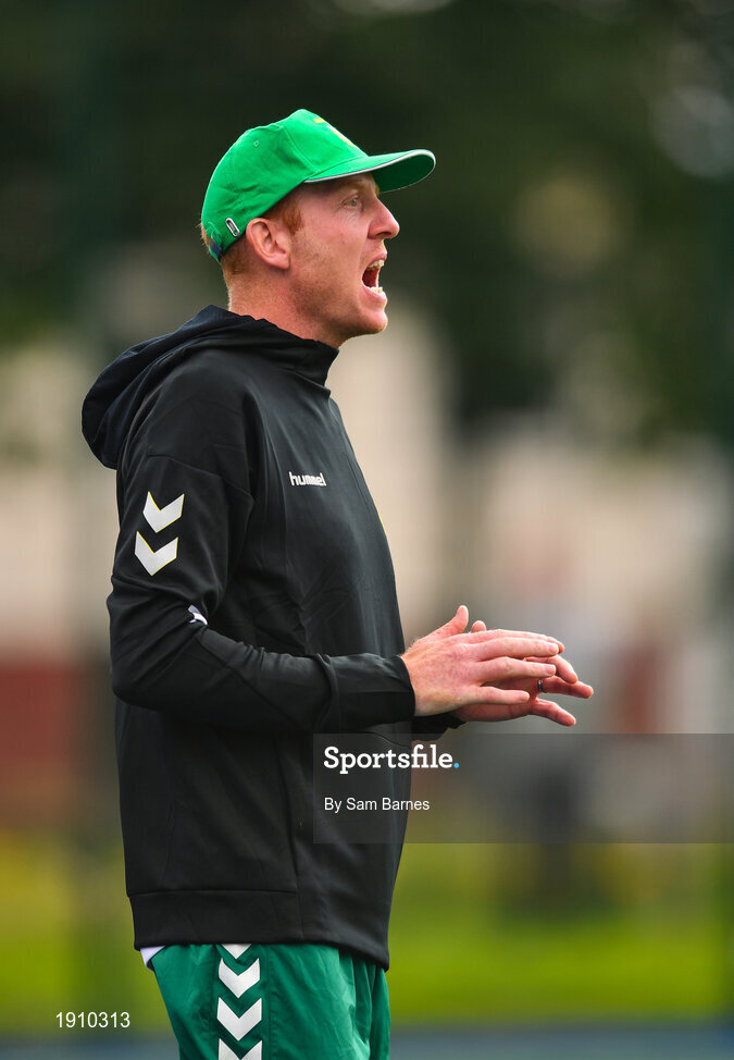 26 July 2020; Usher Celtic manager Wesley Doyle during the FAI New Balance Junior Cup Quarter-Final match between Usher Celtic and Gorey Rangers at Grangegorman IT in Dublin. Competitive Soccer matches have been approved to return following the guidelines of Phase 3 of the Irish Government’s Roadmap for Reopening of Society and Business and protocols set down by the Soccer governing authorities. With games having been suspended since March, competitive games can take place with updated protocols including a limit of 200 individuals at any one outdoor event, including players, officials and a limited number of spectators, with social distancing, hand sanitisation and face masks being worn by those in attendance among other measures in an effort to contain the spread of the Coronavirus (COVID-19). Photo by Sam Barnes/Sportsfile