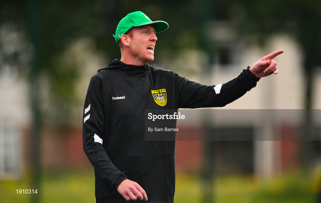 26 July 2020; Usher Celtic manager Wesley Doyle during the FAI New Balance Junior Cup Quarter-Final match between Usher Celtic and Gorey Rangers at Grangegorman IT in Dublin. Competitive Soccer matches have been approved to return following the guidelines of Phase 3 of the Irish Government’s Roadmap for Reopening of Society and Business and protocols set down by the Soccer governing authorities. With games having been suspended since March, competitive games can take place with updated protocols including a limit of 200 individuals at any one outdoor event, including players, officials and a limited number of spectators, with social distancing, hand sanitisation and face masks being worn by those in attendance among other measures in an effort to contain the spread of the Coronavirus (COVID-19). Photo by Sam Barnes/Sportsfile
