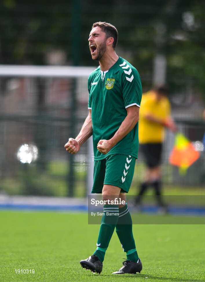 26 July 2020; Jordan Buckley of Usher Celtic celebrates at the final whistle during the FAI New Balance Junior Cup Quarter-Final match between Usher Celtic and Gorey Rangers at Grangegorman IT in Dublin. Competitive Soccer matches have been approved to return following the guidelines of Phase 3 of the Irish Government’s Roadmap for Reopening of Society and Business and protocols set down by the Soccer governing authorities. With games having been suspended since March, competitive games can take place with updated protocols including a limit of 200 individuals at any one outdoor event, including players, officials and a limited number of spectators, with social distancing, hand sanitisation and face masks being worn by those in attendance among other measures in an effort to contain the spread of the Coronavirus (COVID-19). Photo by Sam Barnes/Sportsfile