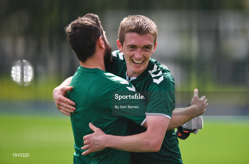 26 July 2020; Wayne Walker of Usher Celtic celebrates with a member of the backroom staff following during the FAI New Balance Junior Cup Quarter-Final match between Usher Celtic and Gorey Rangers at Grangegorman IT in Dublin. Competitive Soccer matches have been approved to return following the guidelines of Phase 3 of the Irish Government’s Roadmap for Reopening of Society and Business and protocols set down by the Soccer governing authorities. With games having been suspended since March, competitive games can take place with updated protocols including a limit of 200 individuals at any one outdoor event, including players, officials and a limited number of spectators, with social distancing, hand sanitisation and face masks being worn by those in attendance among other measures in an effort to contain the spread of the Coronavirus (COVID-19). Photo by Sam Barnes/Sportsfile