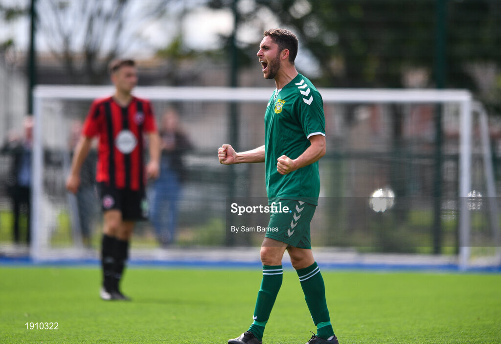 26 July 2020; Jordan Buckley of Usher Celtic celebrates at the final whistle during the FAI New Balance Junior Cup Quarter-Final match between Usher Celtic and Gorey Rangers at Grangegorman IT in Dublin. Competitive Soccer matches have been approved to return following the guidelines of Phase 3 of the Irish Government’s Roadmap for Reopening of Society and Business and protocols set down by the Soccer governing authorities. With games having been suspended since March, competitive games can take place with updated protocols including a limit of 200 individuals at any one outdoor event, including players, officials and a limited number of spectators, with social distancing, hand sanitisation and face masks being worn by those in attendance among other measures in an effort to contain the spread of the Coronavirus (COVID-19). Photo by Sam Barnes/Sportsfile