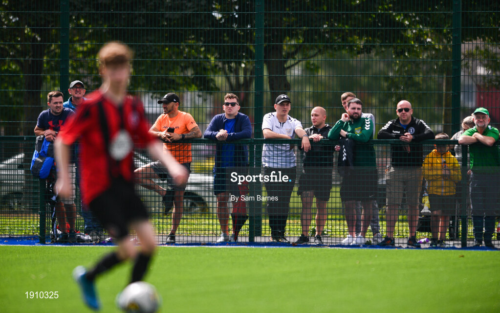 26 July 2020; Spectators watch on during the FAI New Balance Junior Cup Quarter-Final match between Usher Celtic and Gorey Rangers at Grangegorman IT in Dublin. Competitive Soccer matches have been approved to return following the guidelines of Phase 3 of the Irish Government’s Roadmap for Reopening of Society and Business and protocols set down by the Soccer governing authorities. With games having been suspended since March, competitive games can take place with updated protocols including a limit of 200 individuals at any one outdoor event, including players, officials and a limited number of spectators, with social distancing, hand sanitisation and face masks being worn by those in attendance among other measures in an effort to contain the spread of the Coronavirus (COVID-19). Photo by Sam Barnes/Sportsfile