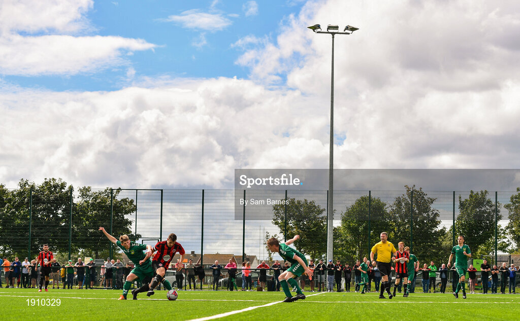26 July 2020; Stephen Kinsella of Gorey Rangers in action against Calvin Douglas of Usher Celtic  during the FAI New Balance Junior Cup Quarter-Final match between Usher Celtic and Gorey Rangers at Grangegorman IT in Dublin. Competitive Soccer matches have been approved to return following the guidelines of Phase 3 of the Irish Government’s Roadmap for Reopening of Society and Business and protocols set down by the Soccer governing authorities. With games having been suspended since March, competitive games can take place with updated protocols including a limit of 200 individuals at any one outdoor event, including players, officials and a limited number of spectators, with social distancing, hand sanitisation and face masks being worn by those in attendance among other measures in an effort to contain the spread of the Coronavirus (COVID-19). Photo by Sam Barnes/Sportsfile