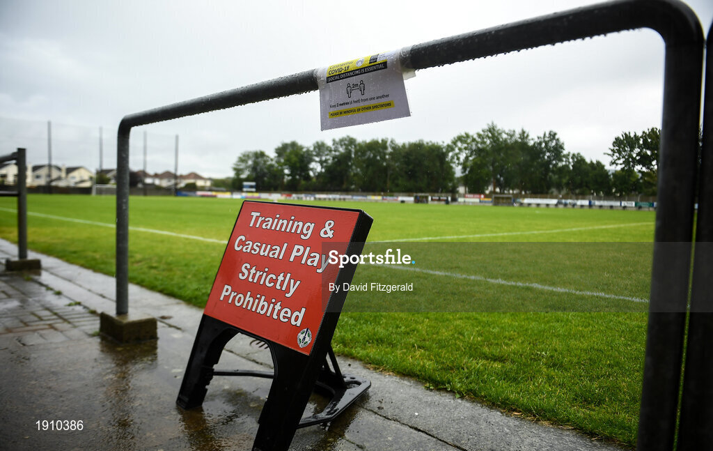 25 July 2020; Pitchside signage prior to the Dublin County Senior Football Championship Round 1 match between Ballyboden St Endas and Clontarf at Pairc Uí Mhurchu in Dublin. GAA matches continue to take place in front of a limited number of people in an effort to contain the spread of the Coronavirus (COVID-19) pandemic. Photo by David Fitzgerald/Sportsfile