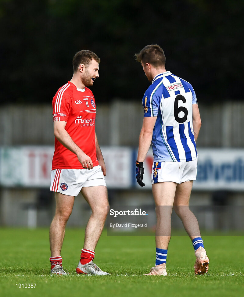25 July 2020; Jack McCaffrey of Clontarf and Robbie McDaid of Ballyboden St Enda's during the Dublin County Senior Football Championship Round 1 match between Ballyboden St Endas and Clontarf at Pairc Uí Mhurchu in Dublin. GAA matches continue to take place in front of a limited number of people in an effort to contain the spread of the Coronavirus (COVID-19) pandemic. Photo by David Fitzgerald/Sportsfile