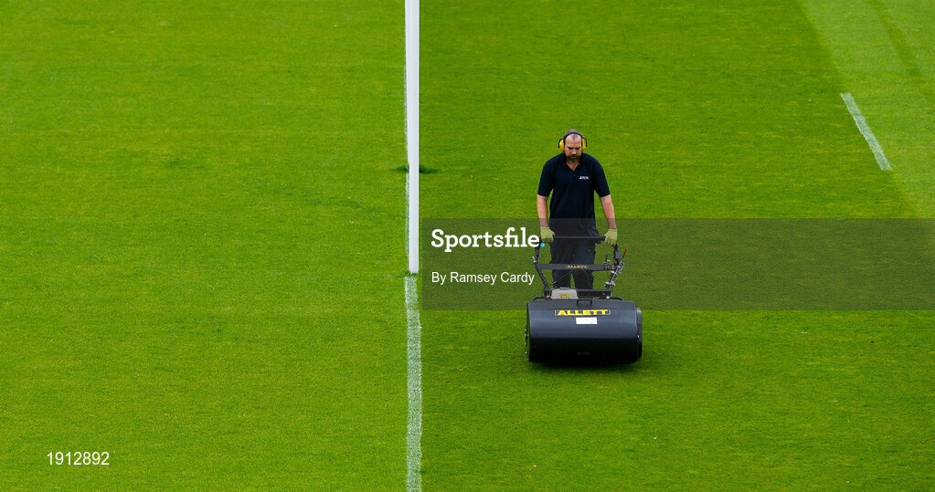 4 August 2020; A groundsman cuts the grass at the RDS Arena in Dublin. Photo by Ramsey Cardy/Sportsfile