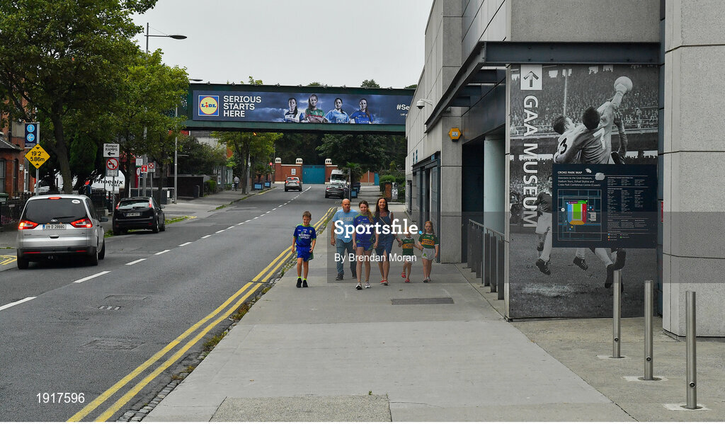 16 August 2020; The Feehan family from Kilmoyley in Kerry, from left, Seanie, Denis, Sarah Jane, Helen, Jack and Lilie, make their way from the visit to the GAA Museum to their hotel on Jones' Road on the original scheduled date of the 2020 GAA Hurling All-Ireland Senior Championship Final. Due to current restrictions laid down by the Irish government to prevent the spread of coronavirus, the dates for the staging of the GAA inter-county season have been pushed back, with the first round of games now due to start in October. The 2020 All-Ireland Senior Hurling Championship was due to be the 133rd staging of the All-Ireland Senior Hurling Championship, the Gaelic Athletic Association's premier inter-county hurling tournament, since its establishment in 1887. For the first time in 96 years the All-Ireland hurling final is now due to be played in December with the 2020 final due on Sunday, December 13th, the same weekend on which Dublin beat Galway in the 1924 final. Photo by Brendan Moran/Sportsfile