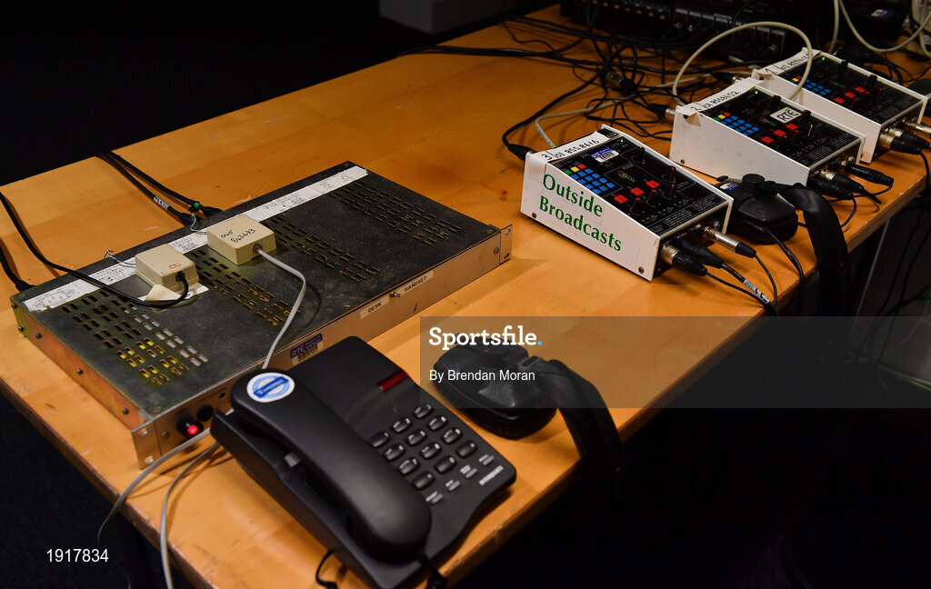 16 August 2020; Radio broadcast equipment in the press box at Croke Park Stadium on the original scheduled date of the 2020 GAA Hurling All-Ireland Senior Championship Final. Due to current restrictions laid down by the Irish government to prevent the spread of coronavirus, the dates for the staging of the GAA inter-county season have been pushed back, with the first round of games now due to start in October. The 2020 All-Ireland Senior Hurling Championship was due to be the 133rd staging of the All-Ireland Senior Hurling Championship, the Gaelic Athletic Association's premier inter-county hurling tournament, since its establishment in 1887. For the first time in 96 years the All-Ireland hurling final is now due to be played in December with the 2020 final due on Sunday, December 13th, the same weekend on which Dublin beat Galway in the 1924 final. Photo by Brendan Moran/Sportsfile