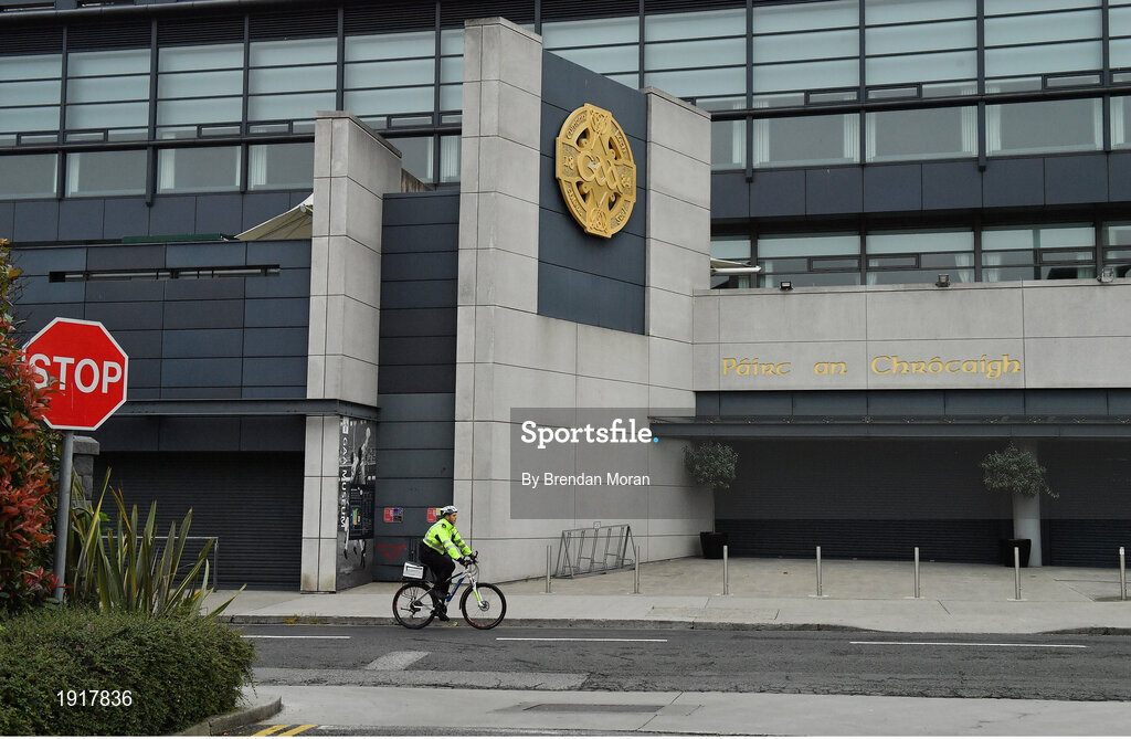 16 August 2020; An empty Jones' Road outside Croke Park Stadium at 12.18pm as Community Garda John Redmond of Mountjoy Station patrols on the original scheduled date of the 2020 GAA Hurling All-Ireland Senior Championship Final. Due to current restrictions laid down by the Irish government to prevent the spread of coronavirus, the dates for the staging of the GAA inter-county season have been pushed back, with the first round of games now due to start in October. The 2020 All-Ireland Senior Hurling Championship was due to be the 133rd staging of the All-Ireland Senior Hurling Championship, the Gaelic Athletic Association's premier inter-county hurling tournament, since its establishment in 1887. For the first time in 96 years the All-Ireland hurling final is now due to be played in December with the 2020 final due on Sunday, December 13th, the same weekend on which Dublin beat Galway in the 1924 final. Photo by Brendan Moran/Sportsfile