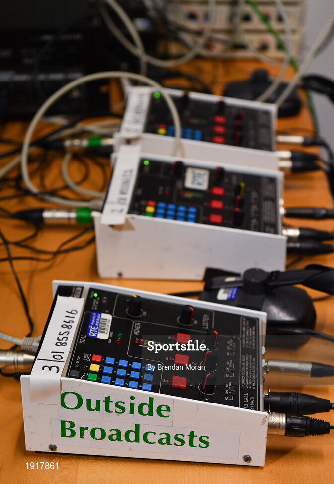 16 August 2020; Radio broadcast equipment in the press box at Croke Park Stadium on the original scheduled date of the 2020 GAA Hurling All-Ireland Senior Championship Final. Due to current restrictions laid down by the Irish government to prevent the spread of coronavirus, the dates for the staging of the GAA inter-county season have been pushed back, with the first round of games now due to start in October. The 2020 All-Ireland Senior Hurling Championship was due to be the 133rd staging of the All-Ireland Senior Hurling Championship, the Gaelic Athletic Association's premier inter-county hurling tournament, since its establishment in 1887. For the first time in 96 years the All-Ireland hurling final is now due to be played in December with the 2020 final due on Sunday, December 13th, the same weekend on which Dublin beat Galway in the 1924 final. Photo by Brendan Moran/Sportsfile