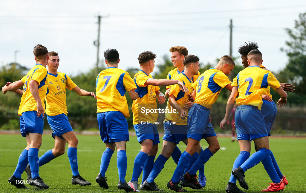 23 August 2020; James Daly, 7, of Douglas Hall celebrates with team-mates after scoring his side's first goal during the FAI Youth Cup Final match between Killarney Celtic and Douglas Hall at Mounthawk Park in Tralee, Kerry. Photo by Michael P Ryan/Sportsfile