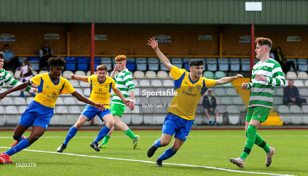 23 August 2020; James Daly, right, of Douglas Hall celebrates after scoring his side's first goal during the FAI Youth Cup Final match between Killarney Celtic and Douglas Hall at Mounthawk Park in Tralee, Kerry. Photo by Michael P Ryan/Sportsfile