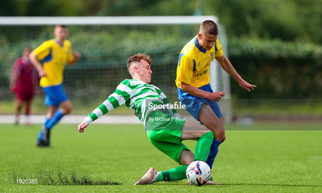 23 August 2020; Alex Murphy of Douglas Hall in action against Emmet Cronin of Killarney Celtic during the FAI Youth Cup Final match between Killarney Celtic and Douglas Hall at Mounthawk Park in Tralee, Kerry. Photo by Michael P Ryan/Sportsfile