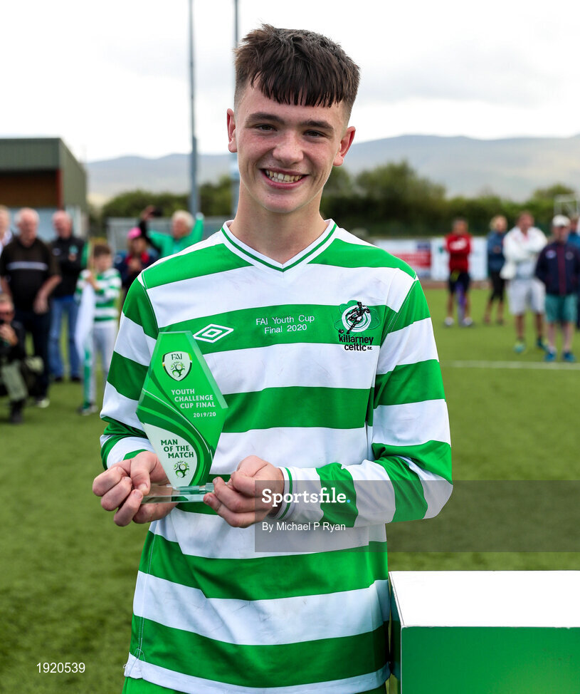 23 August 2020; Padraic Looney of Killarney Celtic with the Man of the Match award following the FAI Youth Cup Final match between Killarney Celtic and Douglas Hall at Mounthawk Park in Tralee, Kerry. Photo by Michael P Ryan/Sportsfile