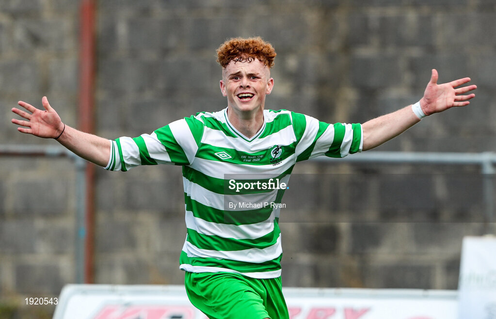 23 August 2020; Terry Sparling of Killarney Celtic celebrates after scoring his side's third goal during the FAI Youth Cup Final match between Killarney Celtic and Douglas Hall at Mounthawk Park in Tralee, Kerry. Photo by Michael P Ryan/Sportsfile