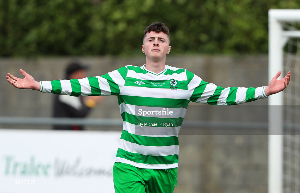 23 August 2020; Emmet O'Shea of Killarney Celtic celebrates after scoring the winning penalty of the penalty shootout during the FAI Youth Cup Final match between Killarney Celtic and Douglas Hall at Mounthawk Park in Tralee, Kerry. Photo by Michael P Ryan/Sportsfile