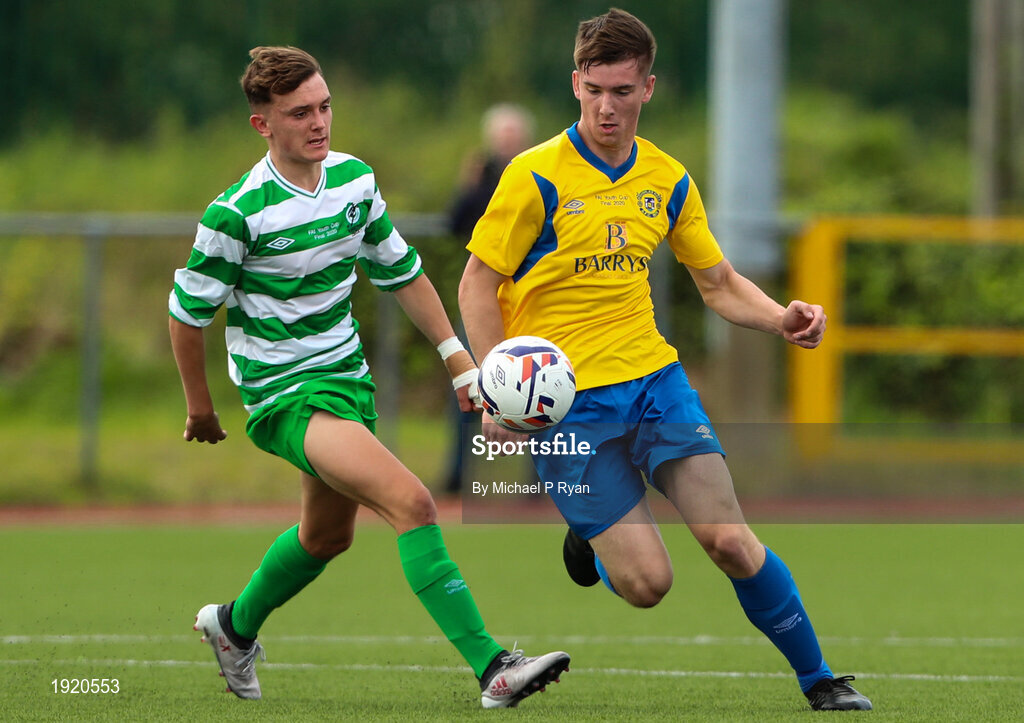 23 August 2020; Dean McCarthy of Douglas Hall in action against Cian Doe of Killarney Celtic during the FAI Youth Cup Final match between Killarney Celtic and Douglas Hall at Mounthawk Park in Tralee, Kerry. Photo by Michael P Ryan/Sportsfile
