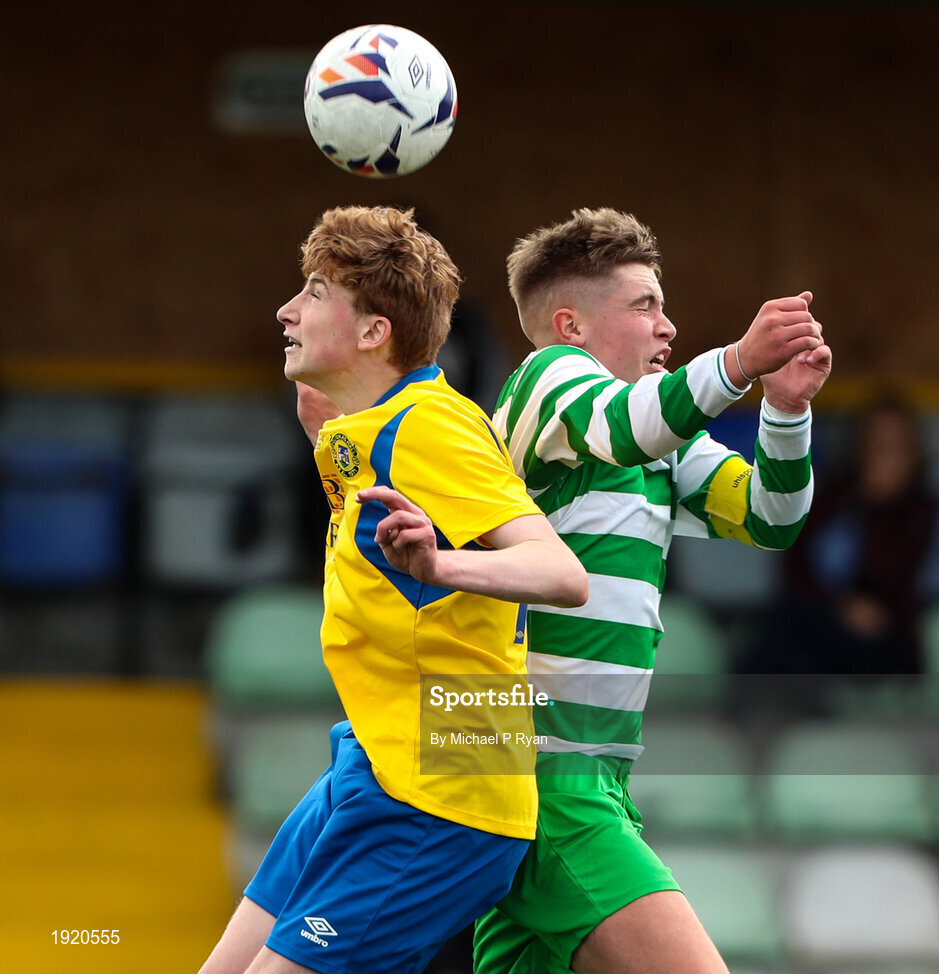 23 August 2020; Eoin Healy of Douglas Hall in action against Evan Looney of Killarney Celtic during the FAI Youth Cup Final match between Killarney Celtic and Douglas Hall at Mounthawk Park in Tralee, Kerry. Photo by Michael P Ryan/Sportsfile