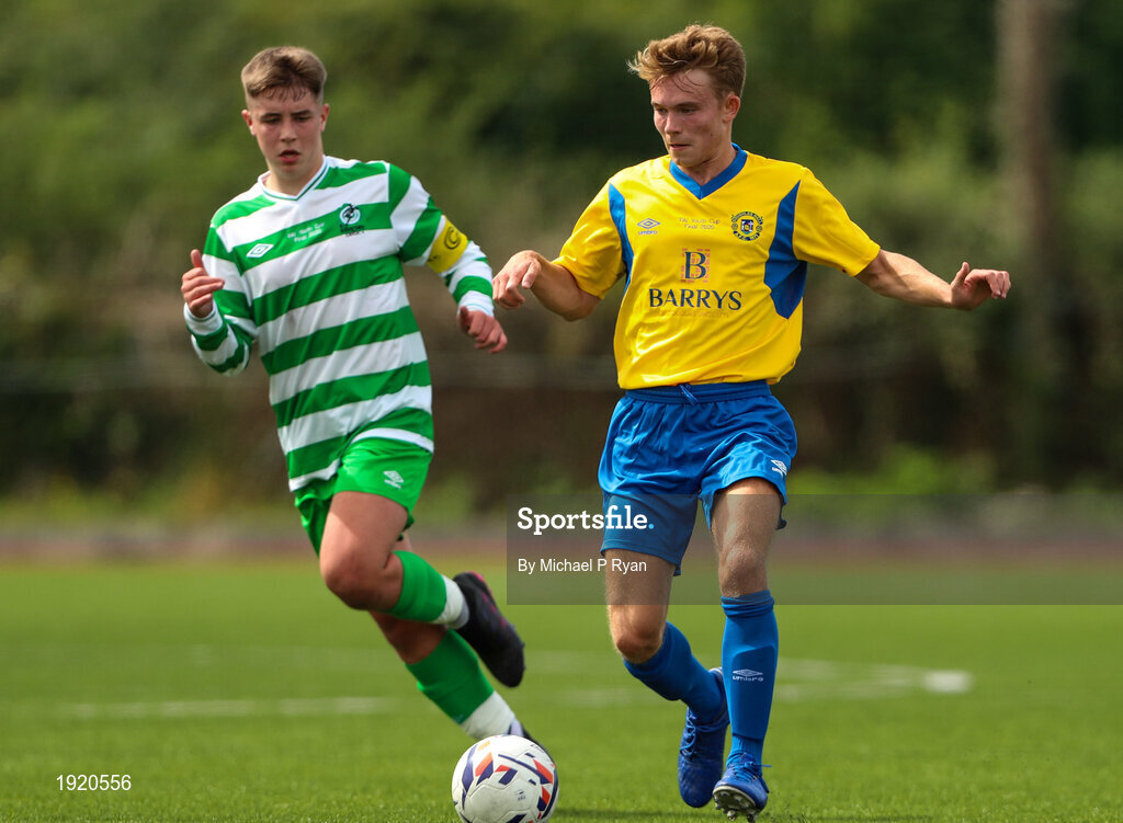 23 August 2020; Anton Frank of Douglas Hall in action against Evan Looney of Killarney Celtic during the FAI Youth Cup Final match between Killarney Celtic and Douglas Hall at Mounthawk Park in Tralee, Kerry. Photo by Michael P Ryan/Sportsfile