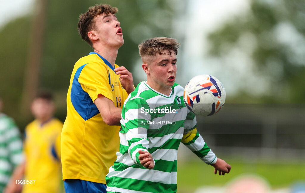 23 August 2020; Evan Looney of Killarney Celtic in action against Cormac Kelly of Douglas Hall during the FAI Youth Cup Final match between Killarney Celtic and Douglas Hall at Mounthawk Park in Tralee, Kerry. Photo by Michael P Ryan/Sportsfile