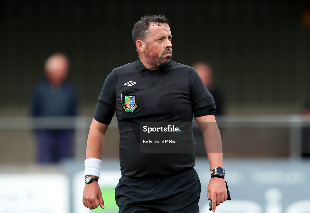 23 August 2020; Referee Gary Fitzgerald during the FAI Youth Cup Final match between Killarney Celtic and Douglas Hall at Mounthawk Park in Tralee, Kerry. Photo by Michael P Ryan/Sportsfile