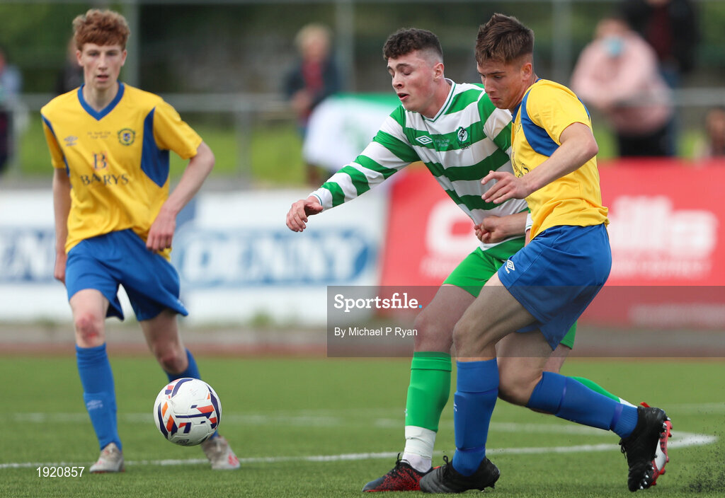 23 August 2020; Emmet O'Shea of Killarney Celtic in action against Dean McCarthy of Douglas Hall during the FAI Youth Cup Final match between Killarney Celtic and Douglas Hall at Mounthawk Park in Tralee, Kerry. Photo by Michael P Ryan/Sportsfile