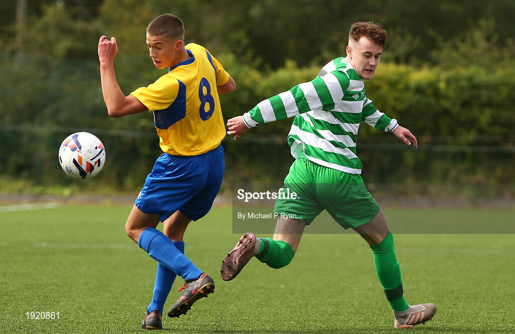 23 August 2020; Ewan Lee of Douglas Hall in action against Emmet Cronin of Killarney Celtic during the FAI Youth Cup Final match between Killarney Celtic and Douglas Hall at Mounthawk Park in Tralee, Kerry. Photo by Michael P Ryan/Sportsfile