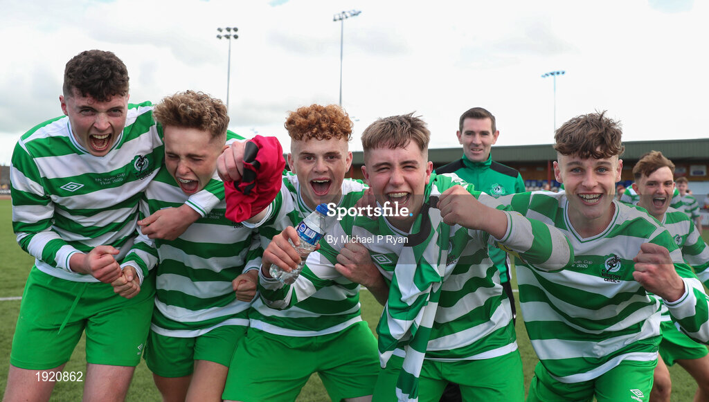 23 August 2020; Killarney Celtic players celebrate following the FAI Youth Cup Final match between Killarney Celtic and Douglas Hall at Mounthawk Park in Tralee, Kerry. Photo by Michael P Ryan/Sportsfile