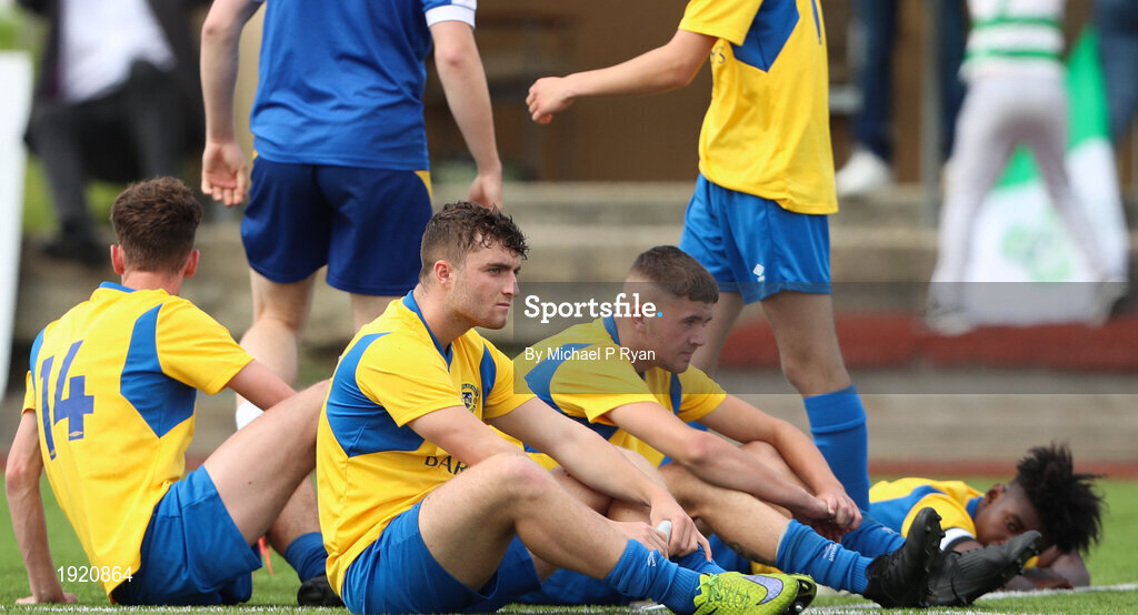 23 August 2020; Douglas Hall players dejected following the FAI Youth Cup Final match between Killarney Celtic and Douglas Hall at Mounthawk Park in Tralee, Kerry. Photo by Michael P Ryan/Sportsfile