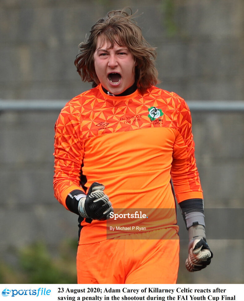 23 August 2020; Adam Carey of Killarney Celtic reacts after saving a penalty in the shootout during the FAI Youth Cup Final match between Killarney Celtic and Douglas Hall at Mounthawk Park in Tralee, Kerry. Photo by Michael P Ryan/Sportsfile
