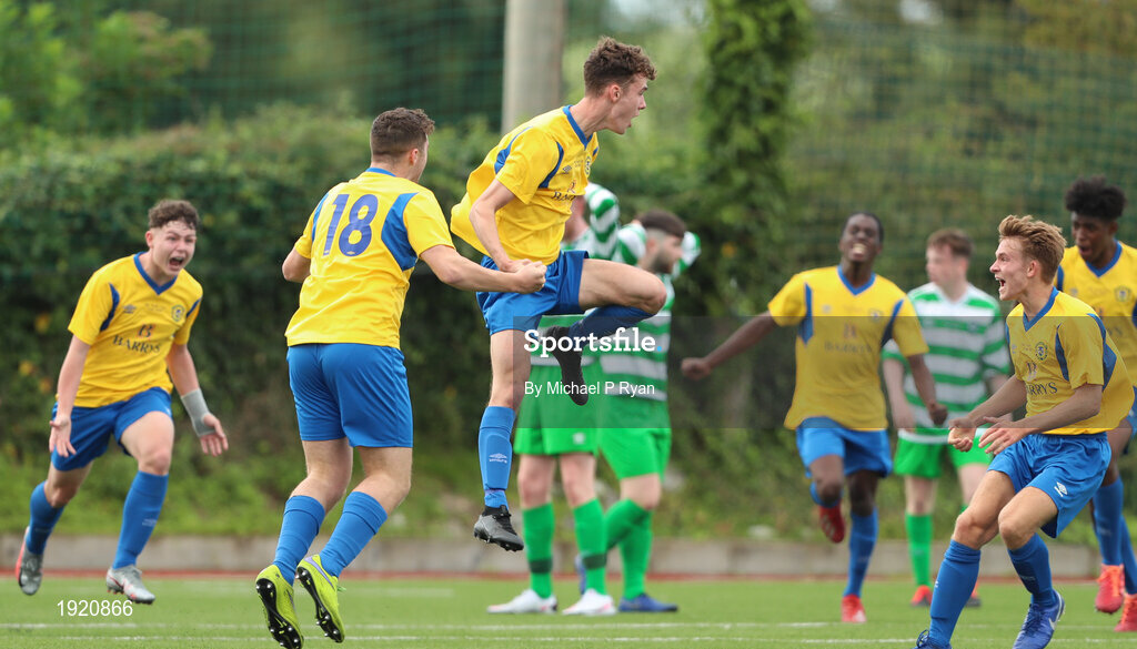 23 August 2020; Cormac Kelly, centre, of Douglas Hall celebrates after scoring his side's third goal during the FAI Youth Cup Final match between Killarney Celtic and Douglas Hall at Mounthawk Park in Tralee, Kerry. Photo by Michael P Ryan/Sportsfile