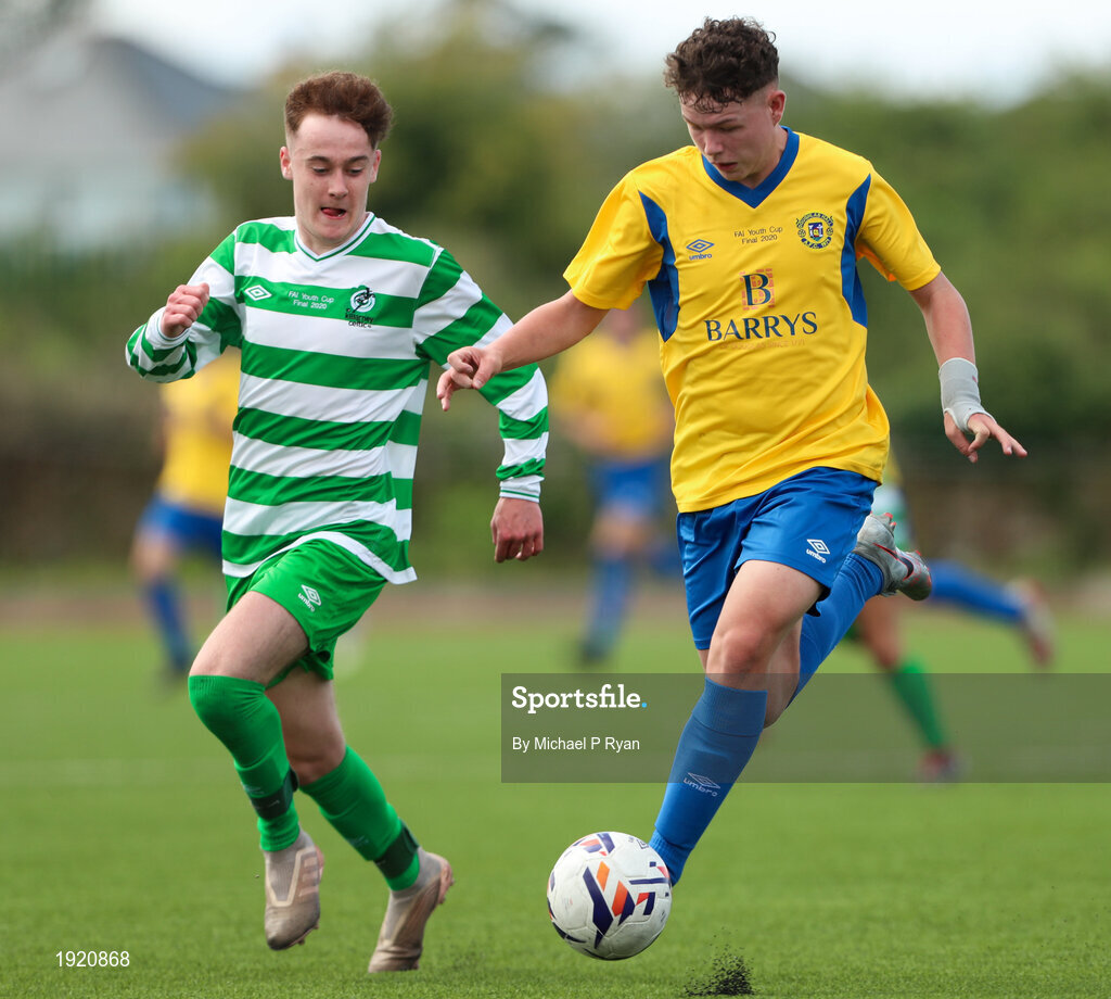 23 August 2020; Jack Dawson Douglas Hall in action against Emmet Cronin of Killarney Celtic during the FAI Youth Cup Final match between Killarney Celtic and Douglas Hall at Mounthawk Park in Tralee, Kerry. Photo by Michael P Ryan/Sportsfile