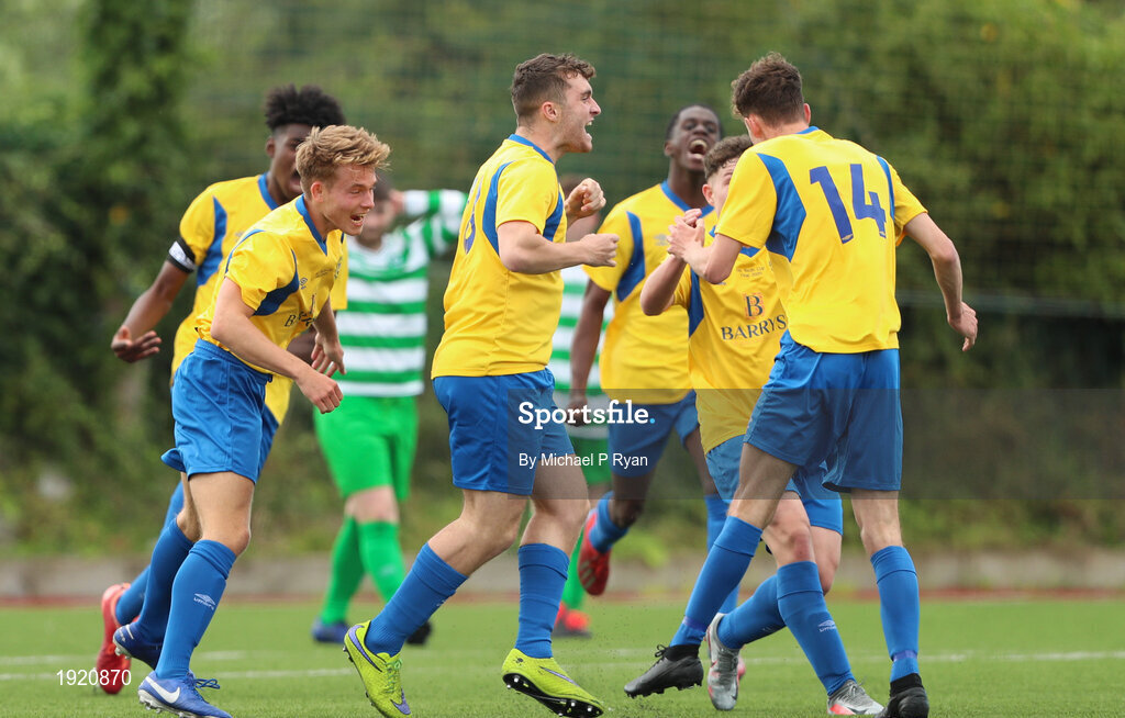 23 August 2020; Cormac Kelly, centre, of Douglas Hall celebrates after scoring his side's third goal during the FAI Youth Cup Final match between Killarney Celtic and Douglas Hall at Mounthawk Park in Tralee, Kerry. Photo by Michael P Ryan/Sportsfile