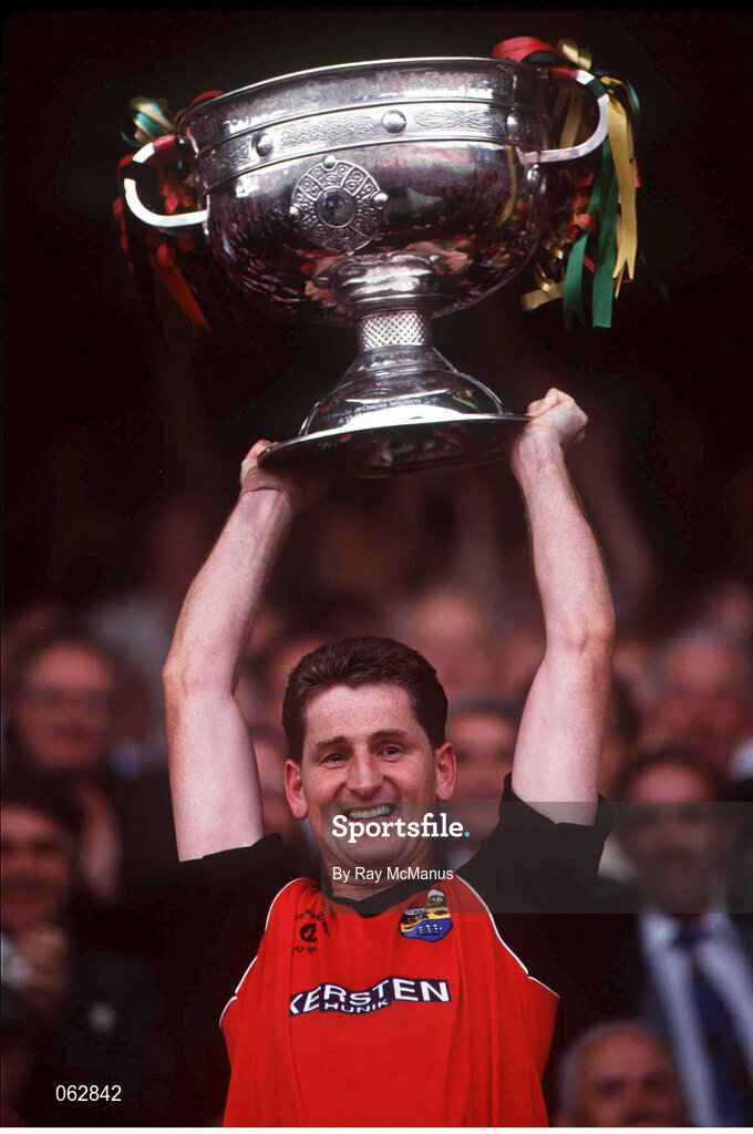15 September 1991; Down captain Paddy O'Rourke lifts the Sam Maguire cup after the GAA All-Ireland Senior Football Final match between Down and Meath at Croke Park in Dublin. Photo by Ray McManus/Sportsfile