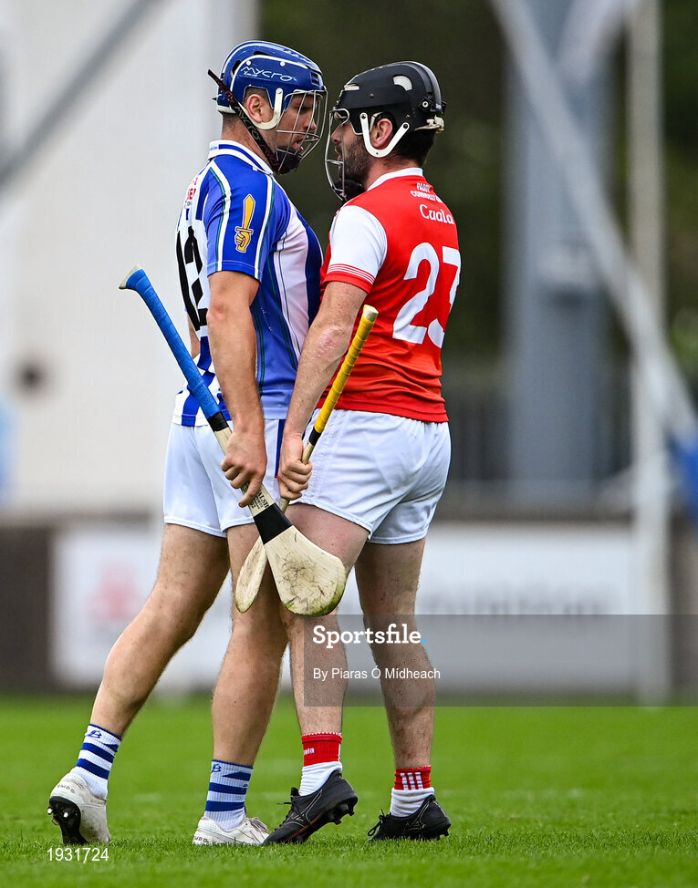 20 September 2020; Conal Keaney of Ballyboden St Enda's and Colum Sheanon of Cuala in conversation before they were both sent off for a second yellow card by referee Seán Stack during the Dublin County Senior Hurling Championship Final match between Ballyboden St Enda's and Cuala at Parnell Park in Dublin. Photo by Piaras Ó Mídheach/Sportsfile