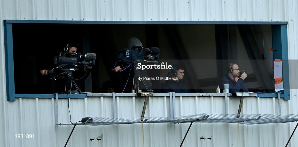 20 September 2020; Commentator Oisín Langan, right, and Dublin hurler and co-commentator Eoghan O'Donnell during the Dublin County Senior Hurling Championship Final match between Ballyboden St Enda's and Cuala at Parnell Park in Dublin. Photo by Piaras Ó Mídheach/Sportsfile