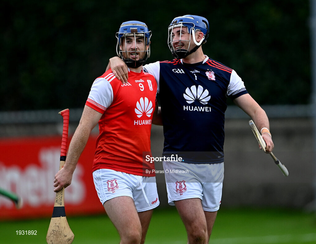 20 September 2020; Cuala players Seán Treacy, left, and Seán Brennan celebrate after the Dublin County Senior Hurling Championship Final match between Ballyboden St Enda's and Cuala at Parnell Park in Dublin. Photo by Piaras Ó Mídheach/Sportsfile