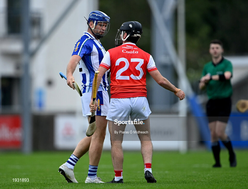 20 September 2020; Conal Keaney of Ballyboden St Enda's and Colum Sheanon of Cuala in conversation before they were both sent off for a second yellow card by referee Seán Stack during the Dublin County Senior Hurling Championship Final match between Ballyboden St Enda's and Cuala at Parnell Park in Dublin. Photo by Piaras Ó Mídheach/Sportsfile