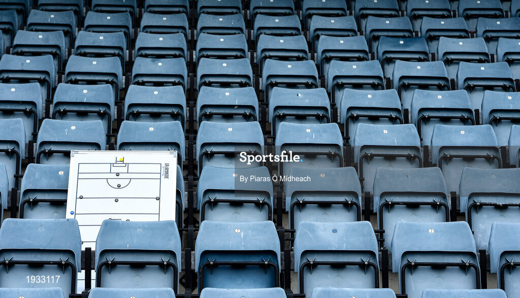 20 September 2020; A general view of a tactics board in an area of the stand used by a team to prepare, as the dressing rooms are closed due to Government restrictions, before the Dublin County Senior Hurling Championship Final match between Ballyboden St Enda's and Cuala at Parnell Park in Dublin. Photo by Piaras Ó Mídheach/Sportsfile