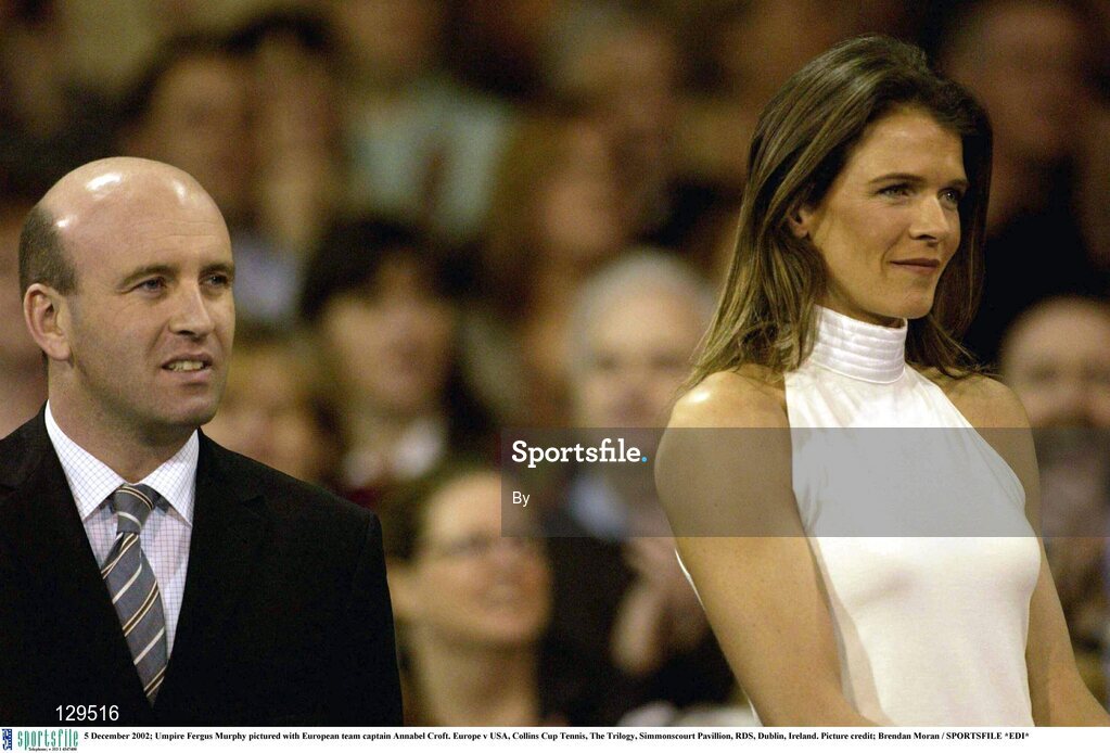 5 December 2002; Umpire Fergus Murphy pictured with European team captain Annabel Croft. Europe v USA, Collins Cup Tennis, The Trilogy, Simmonscourt Pavillion, RDS, Dublin, Ireland. Picture credit; Brendan Moran / SPORTSFILE *EDI*