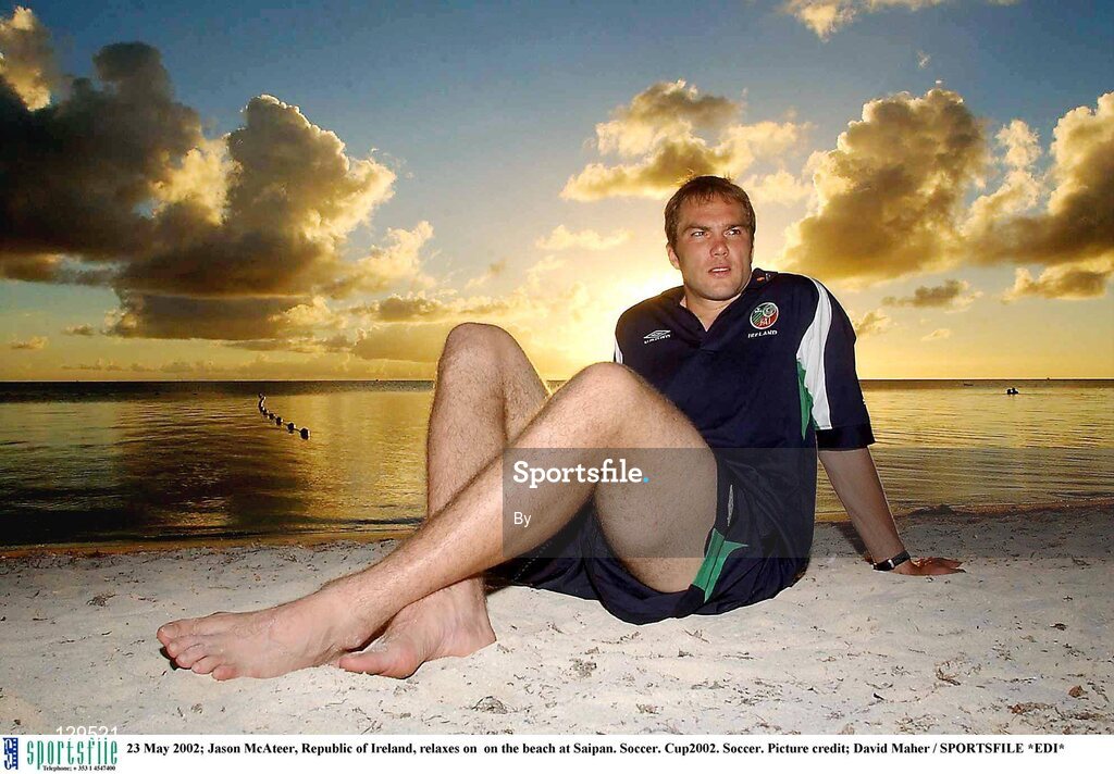 23 May 2002; Jason McAteer, Republic of Ireland, relaxes on  on the beach at Saipan. Soccer. Cup2002. Soccer. Picture credit; David Maher / SPORTSFILE *EDI*