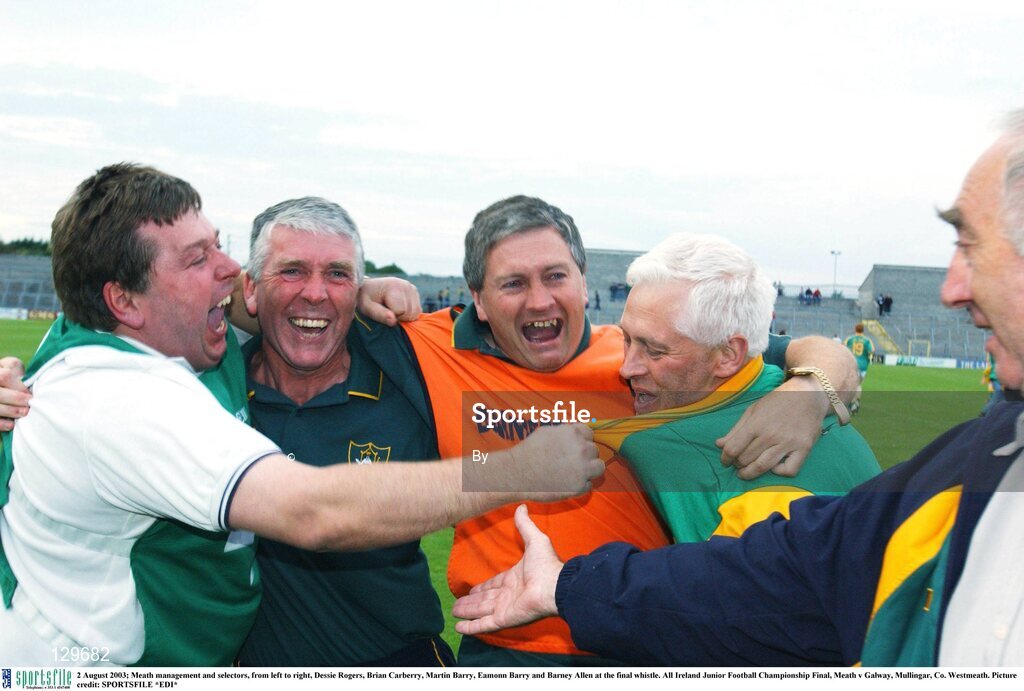 2 August 2003; Meath management and selectors, from left to right, Dessie Rogers, Brian Carberry, Martin Barry, Eamonn Barry and Barney Allen at the final whistle. All Ireland Junior Football Championship Final, Meath v Galway, Mullingar, Co. Westmeath. Picture credit: SPORTSFILE *EDI*